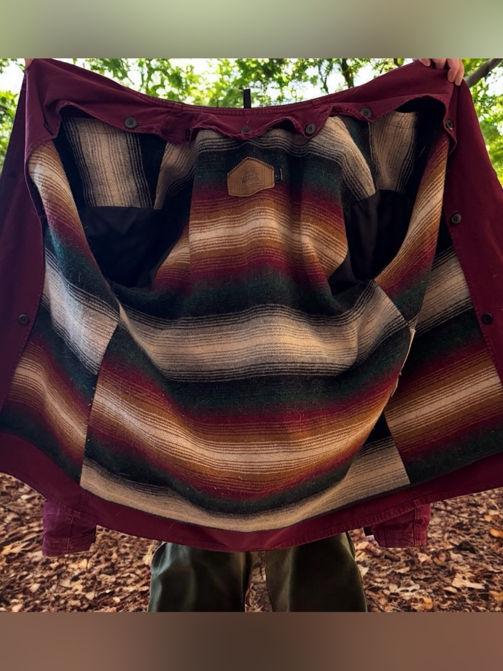 Vintage 90s Woolrich Burgundy Barn Jacket with Multicolor Striped Wool Lining